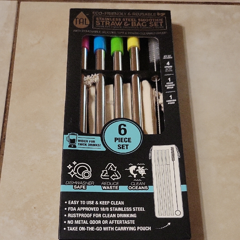 New 6 Piece Stainless Steel Straws Colorful Silicone Tips With Bag And Brush